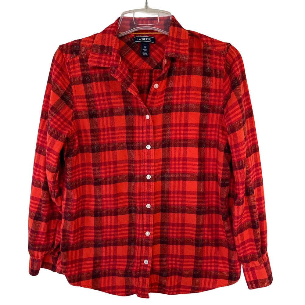 Land’s End Women’s Orange Plaid Flannel Buttondown shirt size 10